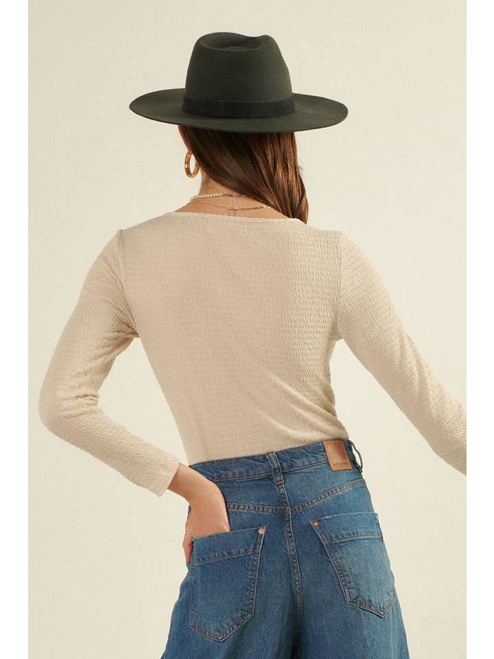 Promesa USA - Wholesale Bodysuit - Women's - Solid Smocked V-Wire Neck Long Sleeve Bodysuit