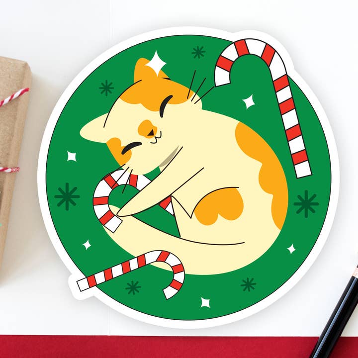 Adesivo lucido fatto a mano a forma di gatto natalizio con bastoncino di zucchero per la vendita all'ingrosso da parte di Neha Lee Designs