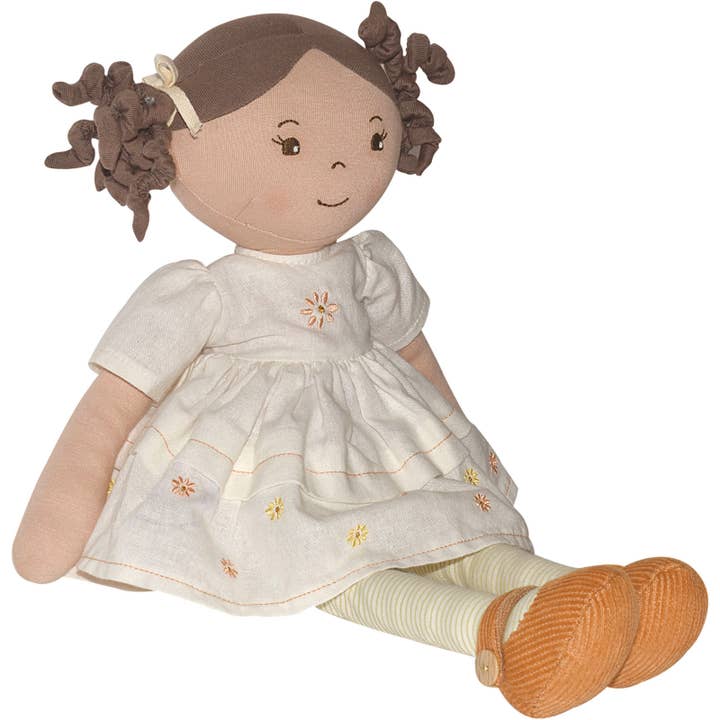 Tikiri Toys LLC - Wholesale Doll - Kids - Cecilia Dk. Brown Hair in Cream Linen Dress with Display Box2