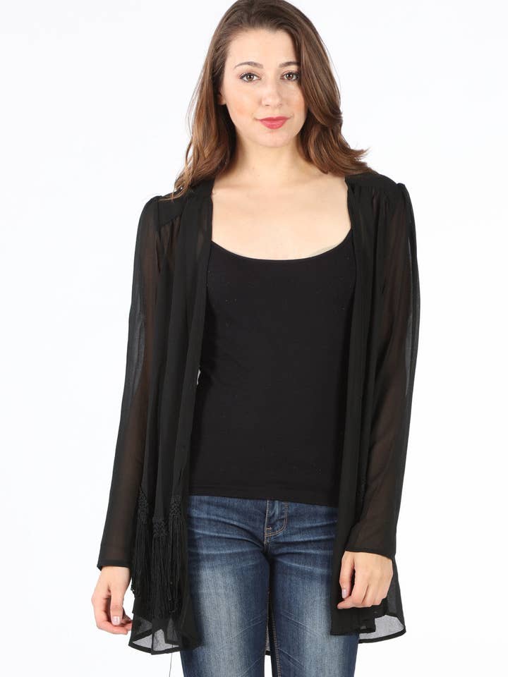 9630 Black Fringe Trim Cowboy Cardigan for wholesale by Select Clothing