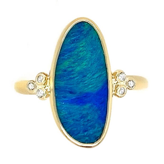 Elongated Australian Opal With Diamonds Ring in 14k gold for wholesale by Emily Amey Jewelry