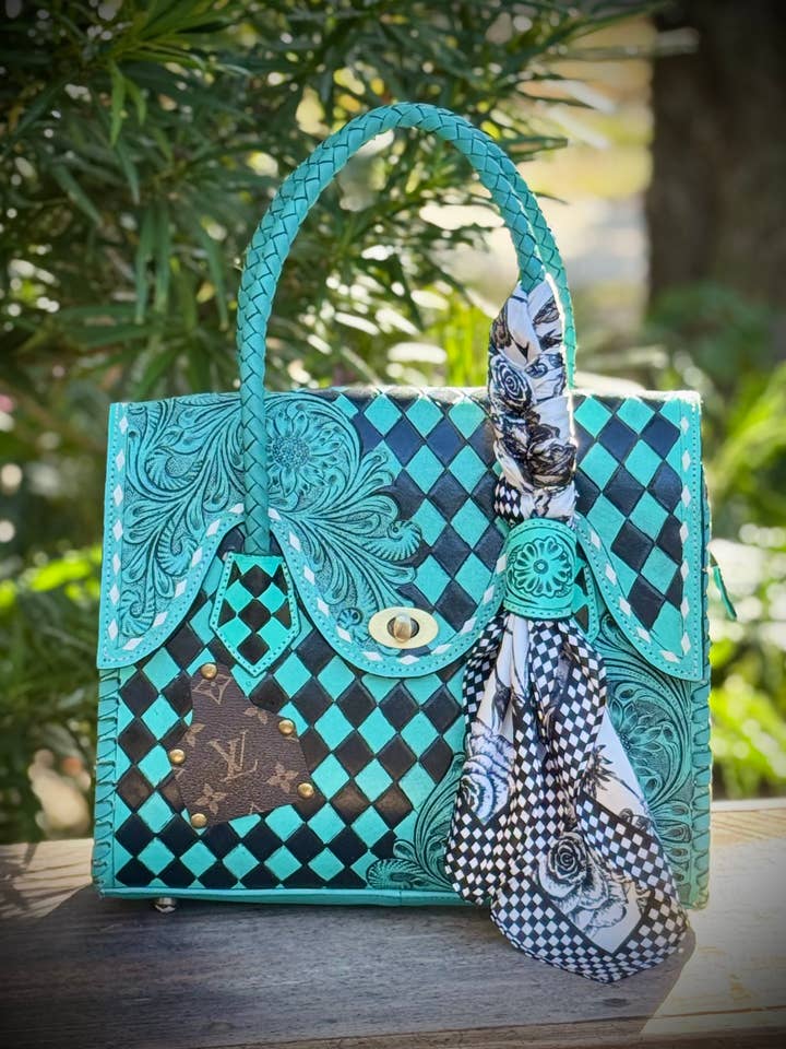 Upcycled LV Turquoise Checkered Tote Shoulder Bag Western for wholesale by Southern Junkie Gypsy Boutique