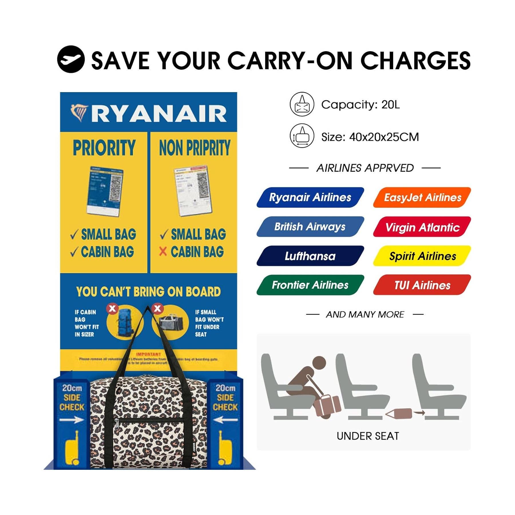 wandf – Saco de viagem - Mulher por atacado – Mala de Viagem Impressa 20L Armazenamento Sob o Assento para Companhias Aéreas15