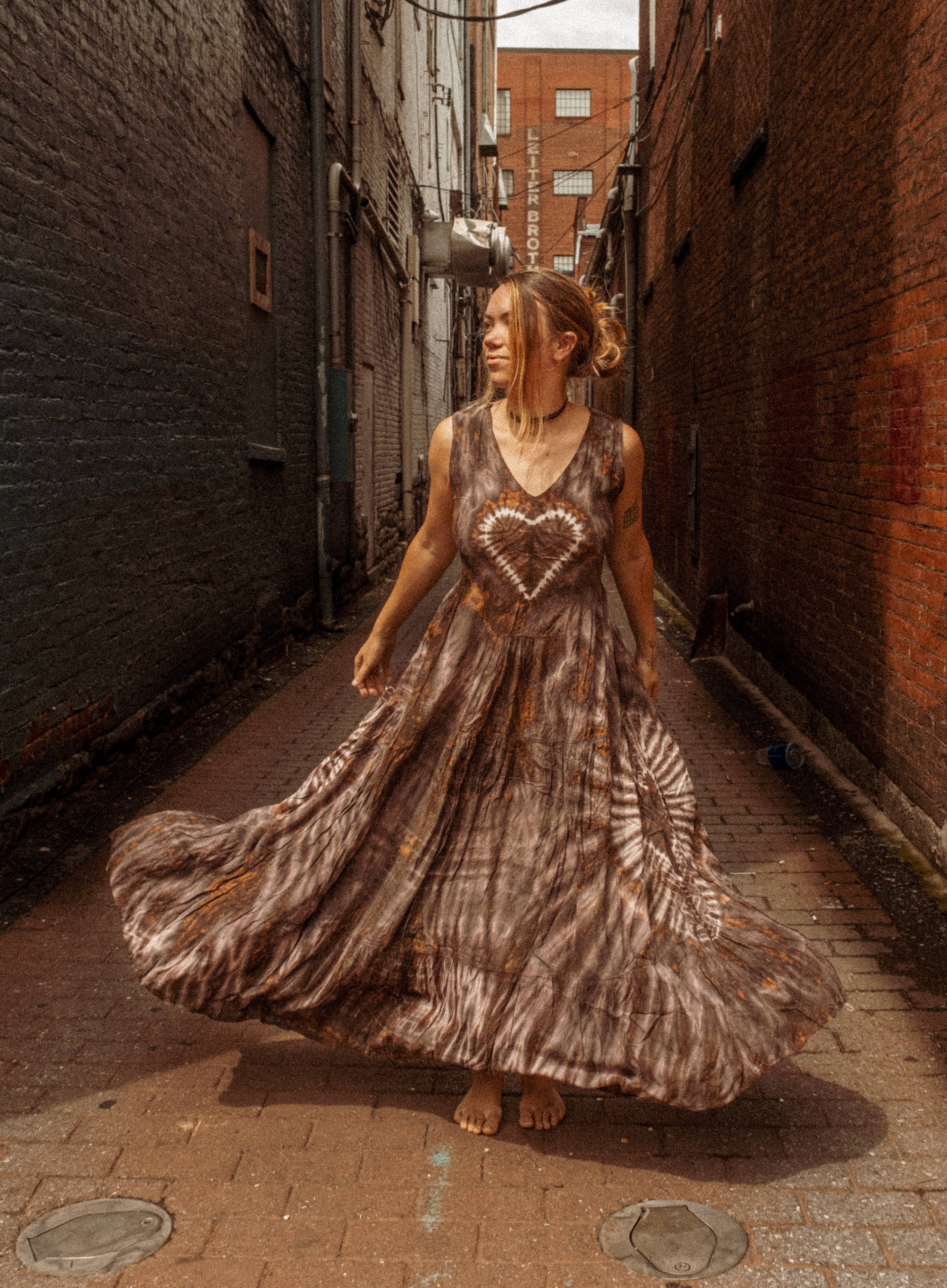 Gardenbelle Shop - Wholesale Dress - Women's - Hippie Boho Love Hand Tie Dyed Maxi Dress, Heart Neutrals6