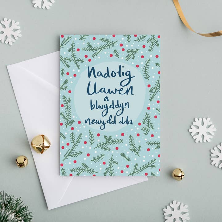 Welsh Christmas card 'Nadolig Llawen a blwyddyn newydd dda' Christmas tree branches for wholesale by Draenog