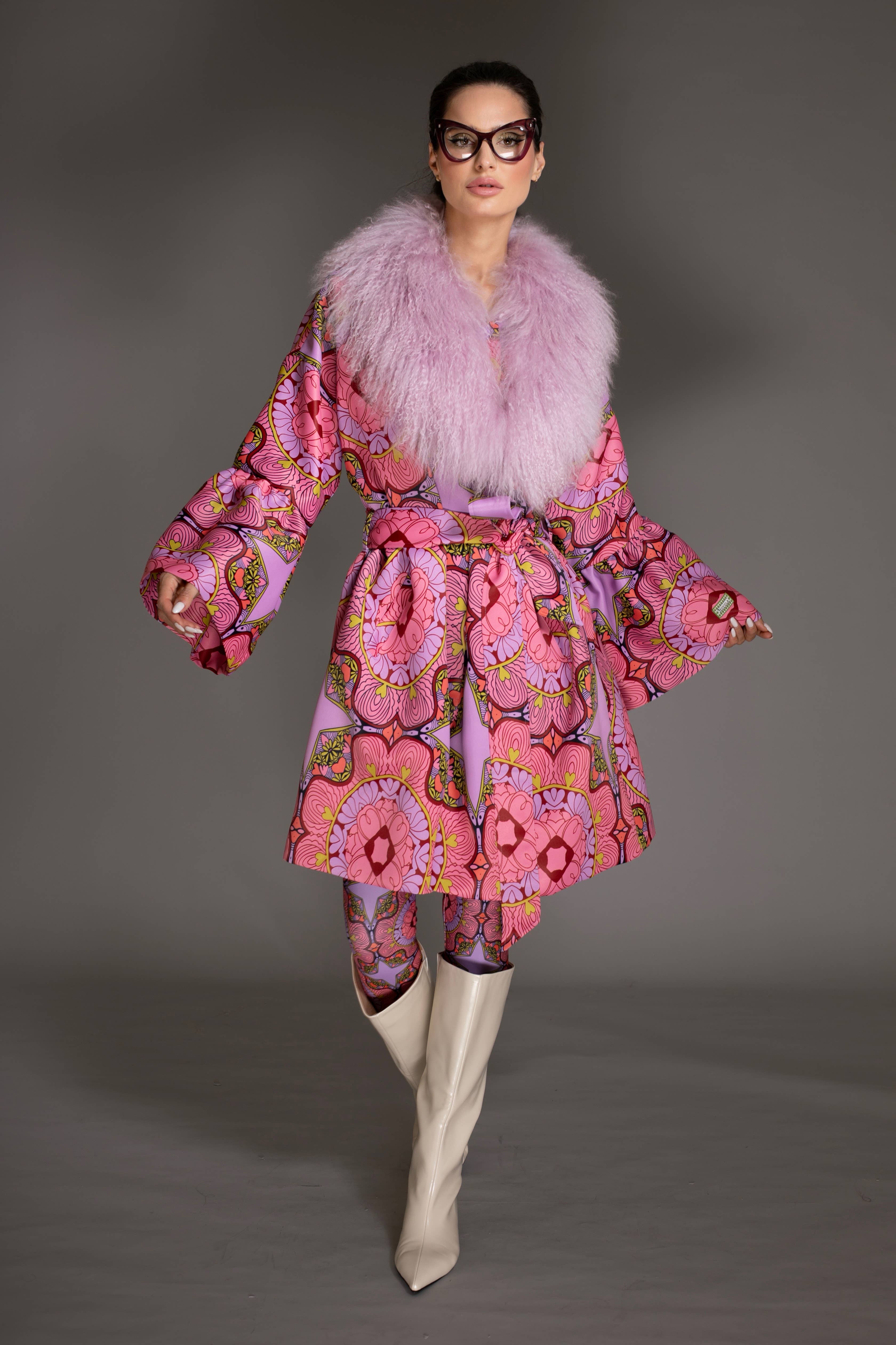 Nuvula - Wholesale Fur/Faux Fur Coat - Women's - Pink Wool Coat with Sheared Mongolian Fur Collar2