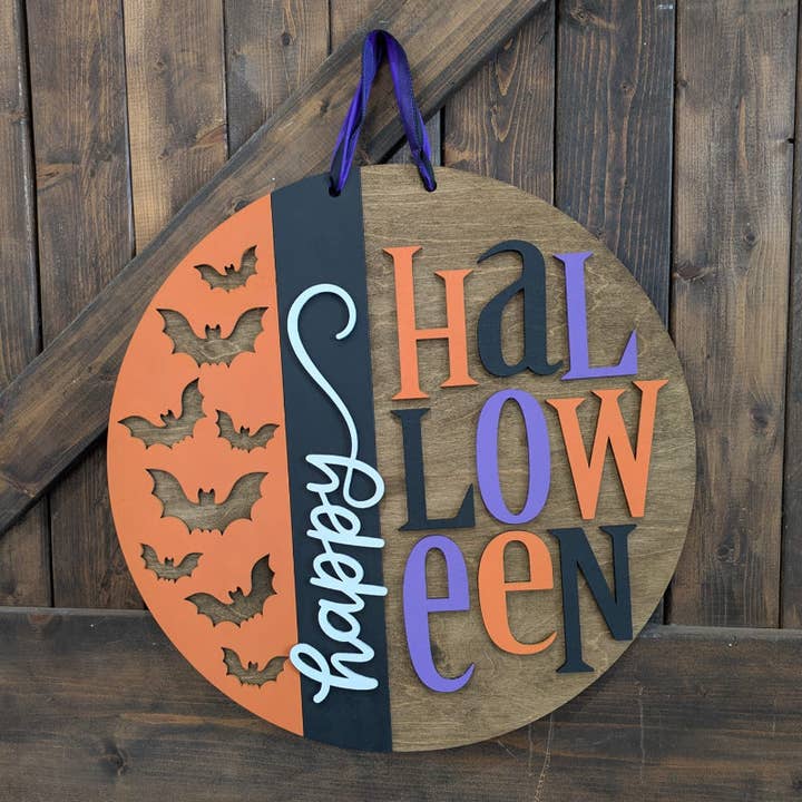 Joyeux Halloween Avec Chauves-souris 3D SUSPENSION DE PORTE - G04 pour la vente par Paisley Grace Makery