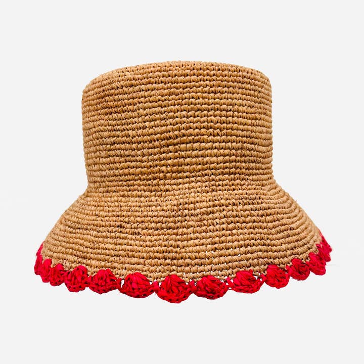 Natural with Red Scallop Beau Raffia Bucket Hat for wholesale by Baldiz