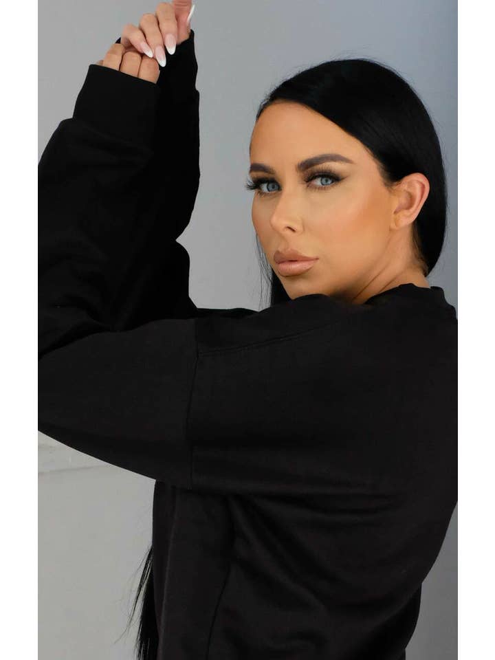 Femme Luxe – wholesale Sweatshirt – Women's – Black Oversized Crew Neck Rib Cuff & Hem Long Sleeve Sweatshirt With Pocket Detail - Melanie1