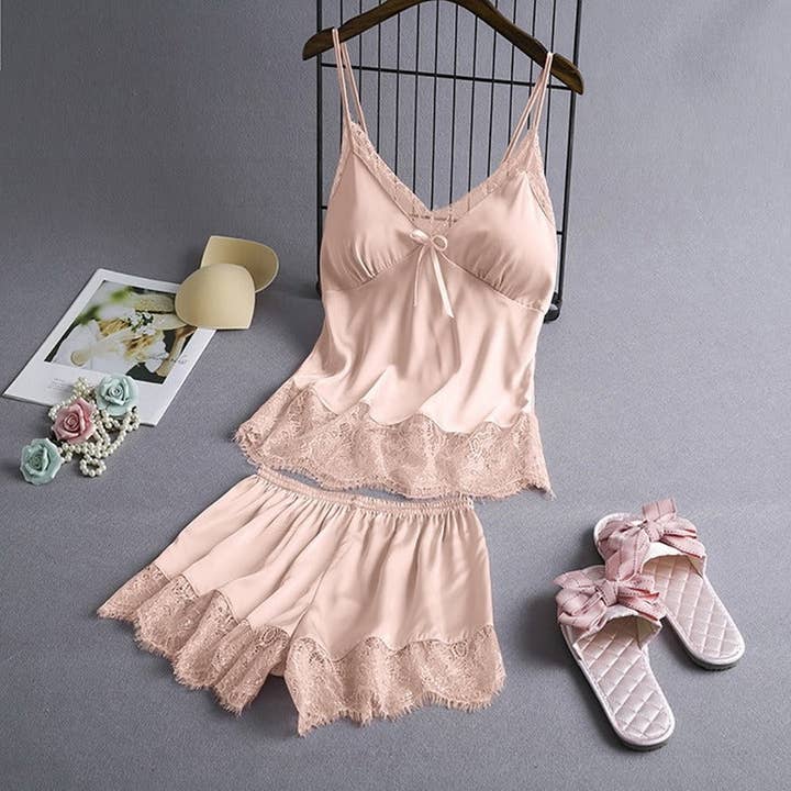 Women Fashion Nsexy Solid Color Lace Camisole Loose Shorts Pajamas Two-Piece Set for wholesale by Basis Fancy