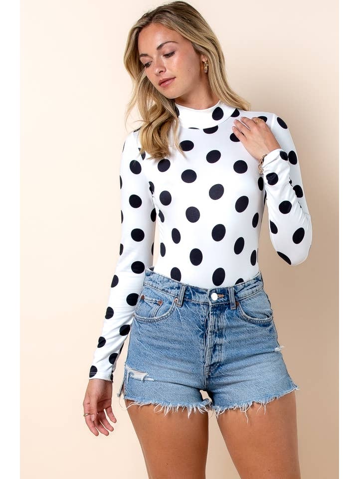 Nylon Apparel - Wholesale Bodysuit - Women's - T289D-5478-Lidia Small Polka Dot Print Mock Neck Bodysuit5