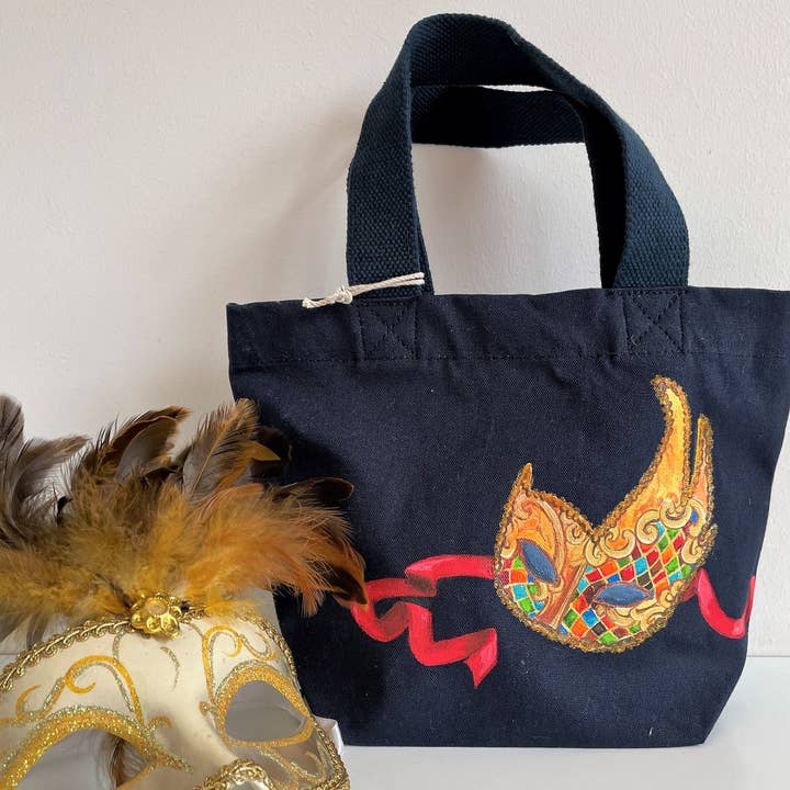 Bolsa azul de algodón orgánico con máscara veneciana pintada a mano para venta al por mayor de Elles et No.