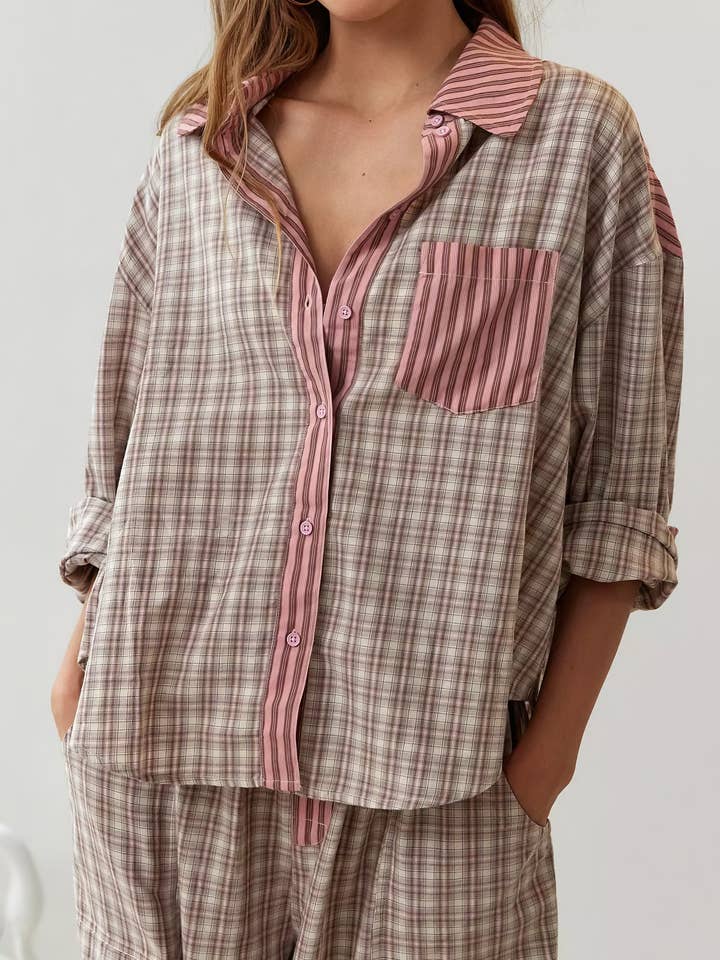 Rosa Clothing - Wholesale Sleepwear Set - Women's - Pink plaid patchwork loose pajama set1
