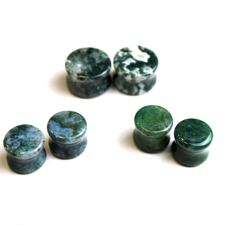 Moss Agate Plugs - "A" Grade Double Flare Pair Stone Green Gauges 3mm-30mm for wholesale by EC Plugs and Gems
