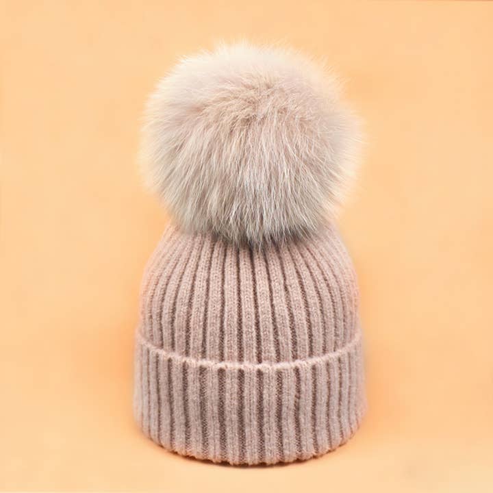Winter Knit Beanie Hat with Fox Fur Pom for Women_CWAH05043 for wholesale by ACCITY