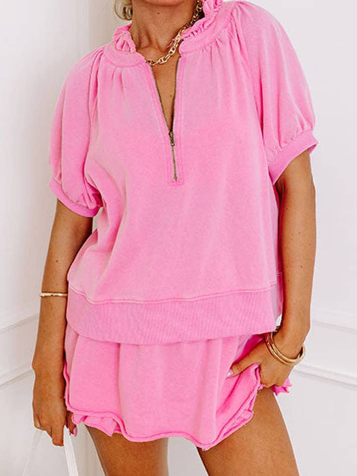 Pink Half Zip Puff Sleeve Top and Ruffled Shorts Set for wholesale on Faire