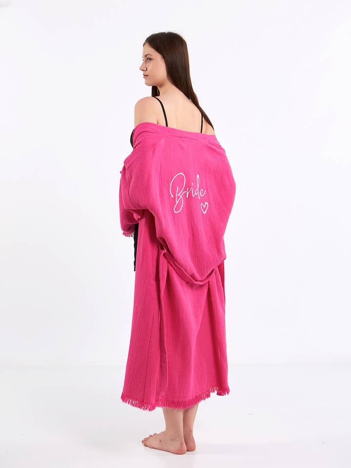 Yaz Concepts - Wholesale Kimono - Women's - Pink Bride Script Bridal Party Get Ready Short Kimono Robe