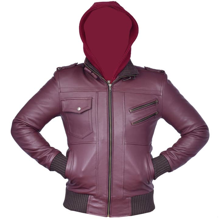 Men's Maroon Hooded Moto Leather Biker Jacket for wholesale by TA Impex