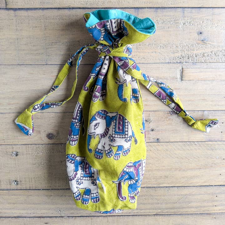 Eco Friendly Bottle Bags, Reusable Kalamkari Cotton Bottle Gift Bags, Ethically Handmade in India for wholesale by Shakti.ism