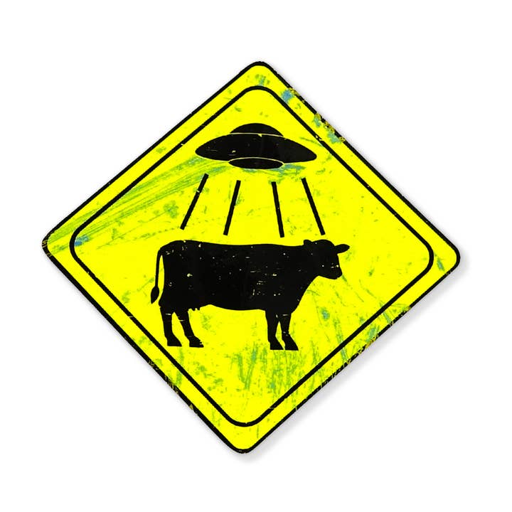 Alien Cow Abduction Road Sign Sticker for wholesale by Brain Shudder Studio