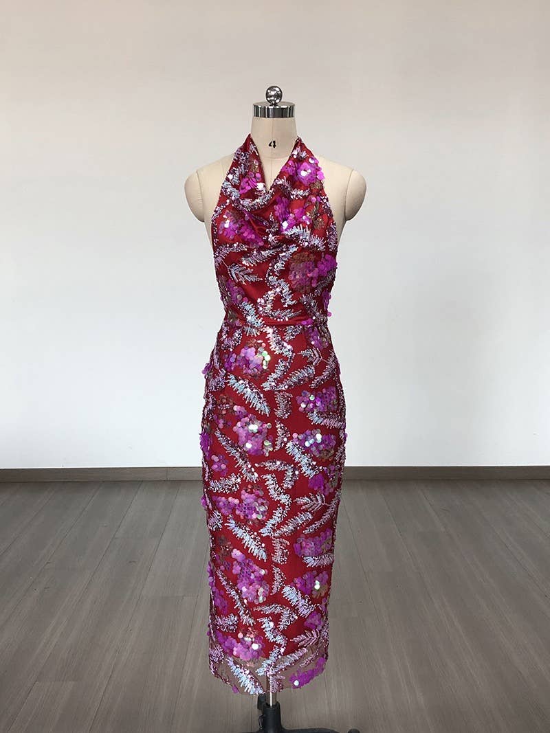 Color as pictures DR546 Vibrant Sequin Floral Embroidered Mesh Halter Dress for wholesale on Faire3