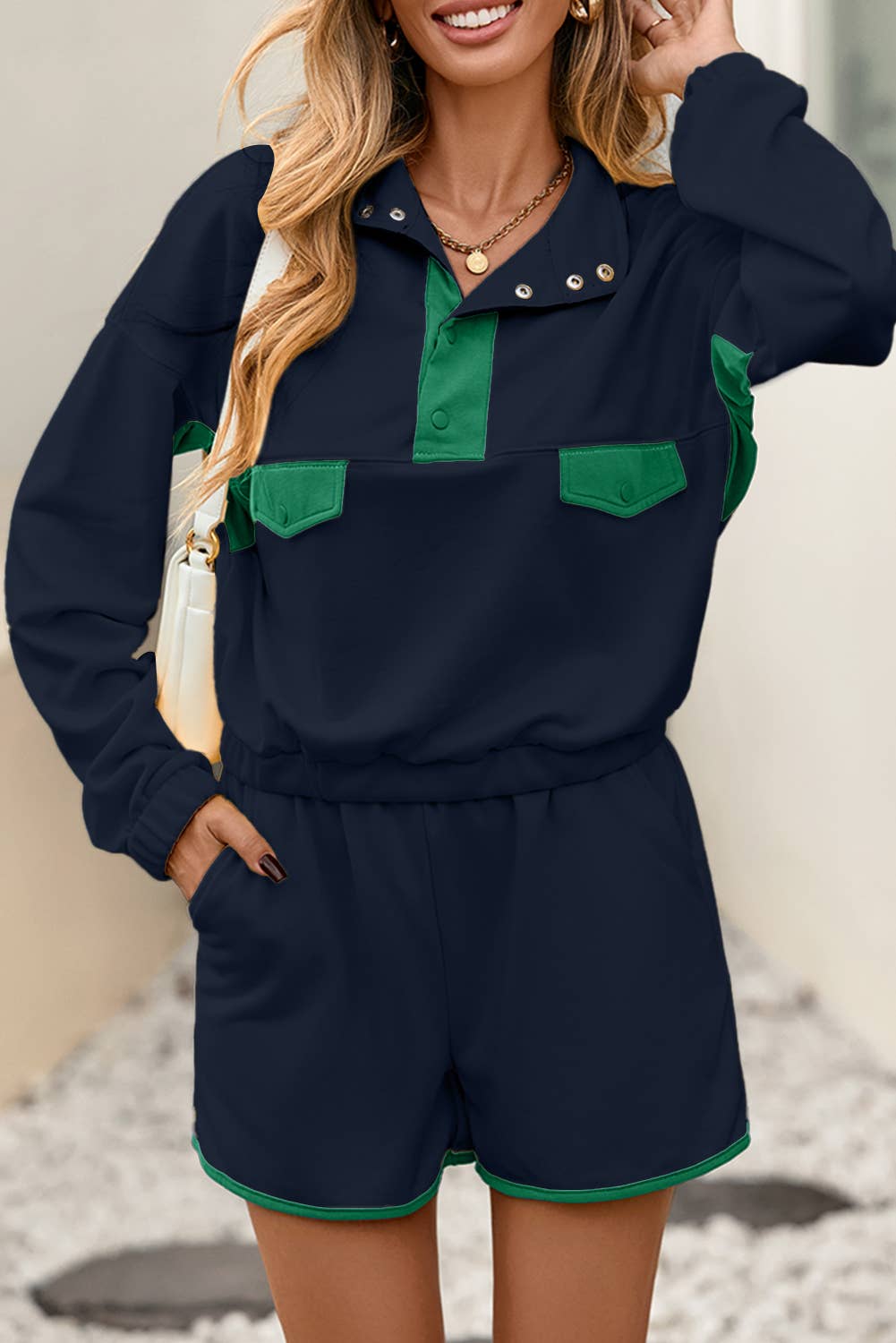 Little Daisy Closet - Wholesale Lounge Set - Women's -  LDC Colorblock Half Button Pullover and Shorts 2pcs Outfit12