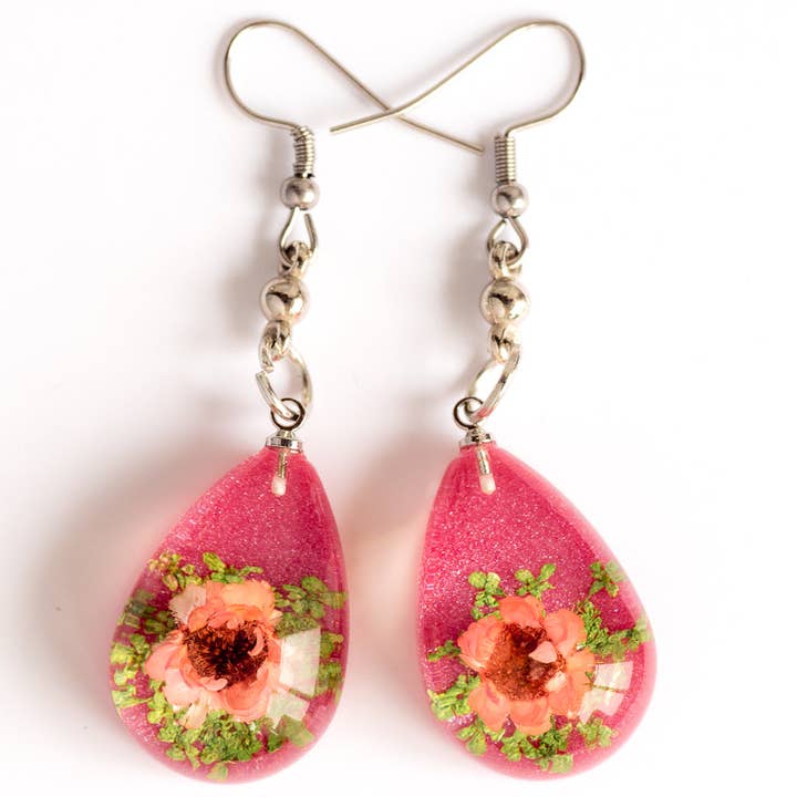Brincos de flor Brincos de esfera rosa-verde por atacado de Hanami Real Flower Jewelry