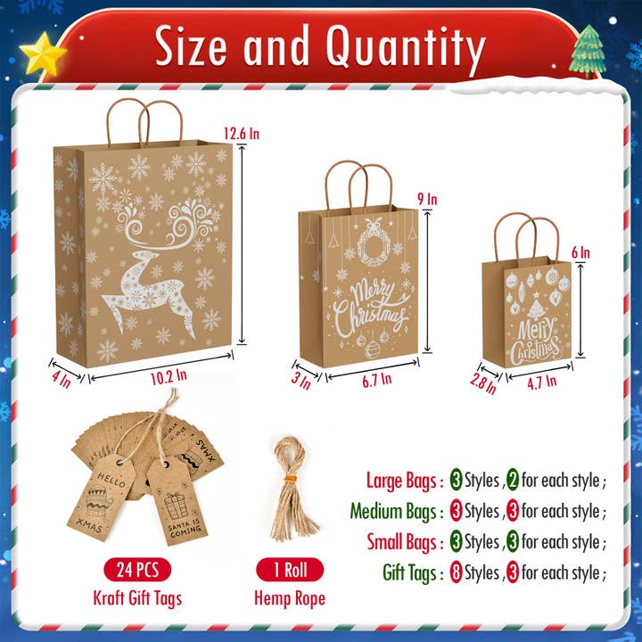 Presence - Wholesale Gift Bag Set/Pack - 24PCS Eco-friendly Kraft Christmas Gift Bags, 3 Sizes