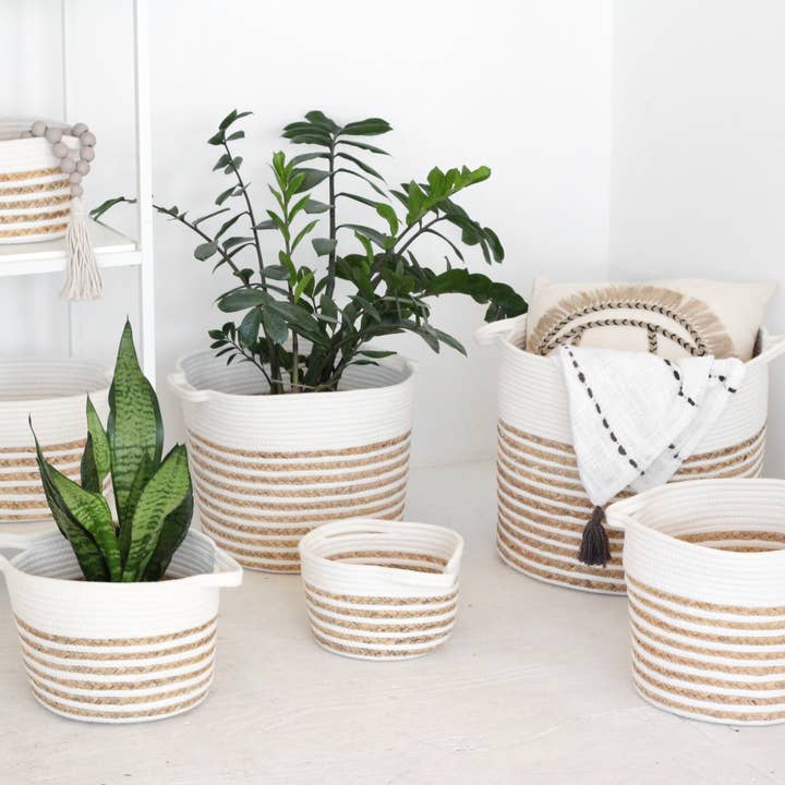 White Cotton and Jute Woven Planter for wholesale by Sprout & About