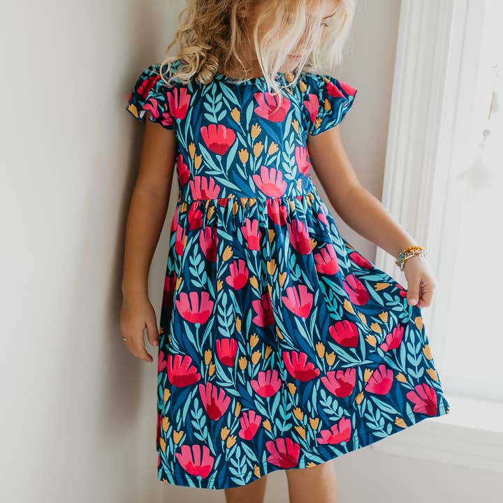 Adorable Sweetness - Wholesale Dress - Kids - Kids Blue Floral Flutter Sleeve Summer Dress0