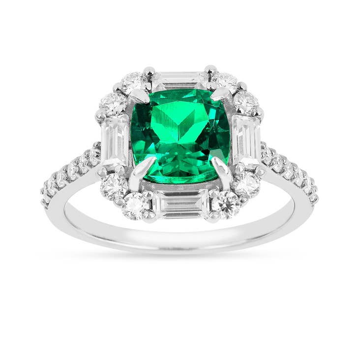 Sterling Silver Colombian Created Emerald Cushion Halo Ring for wholesale by FCJ Jewelry LLC