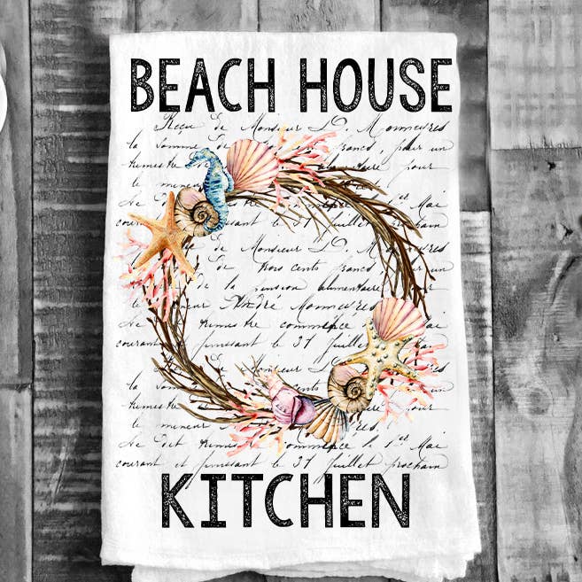 Beach House Sea Shell Wreath Ocean Flour Sack Tea Towel for wholesale by Avery Lane Gifts