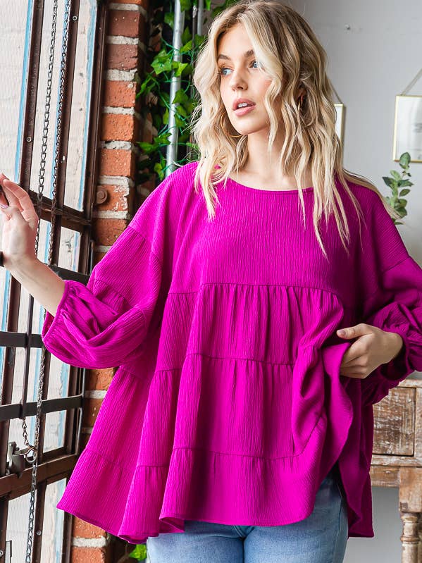 Solid Tiered Button Back Dolman Half Sleeve Blouse T5183 for wholesale by 7th Ray