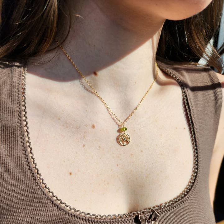 Peridot Gold Tree of Life Charm Necklace for wholesale by Edgy Petal Jewelry