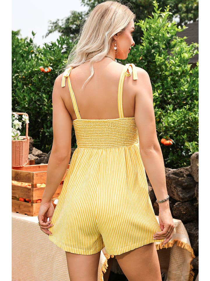 As shown Stripe Shoulder Tie Smocked Back Wide Leg Casual Romper for wholesale on Faire