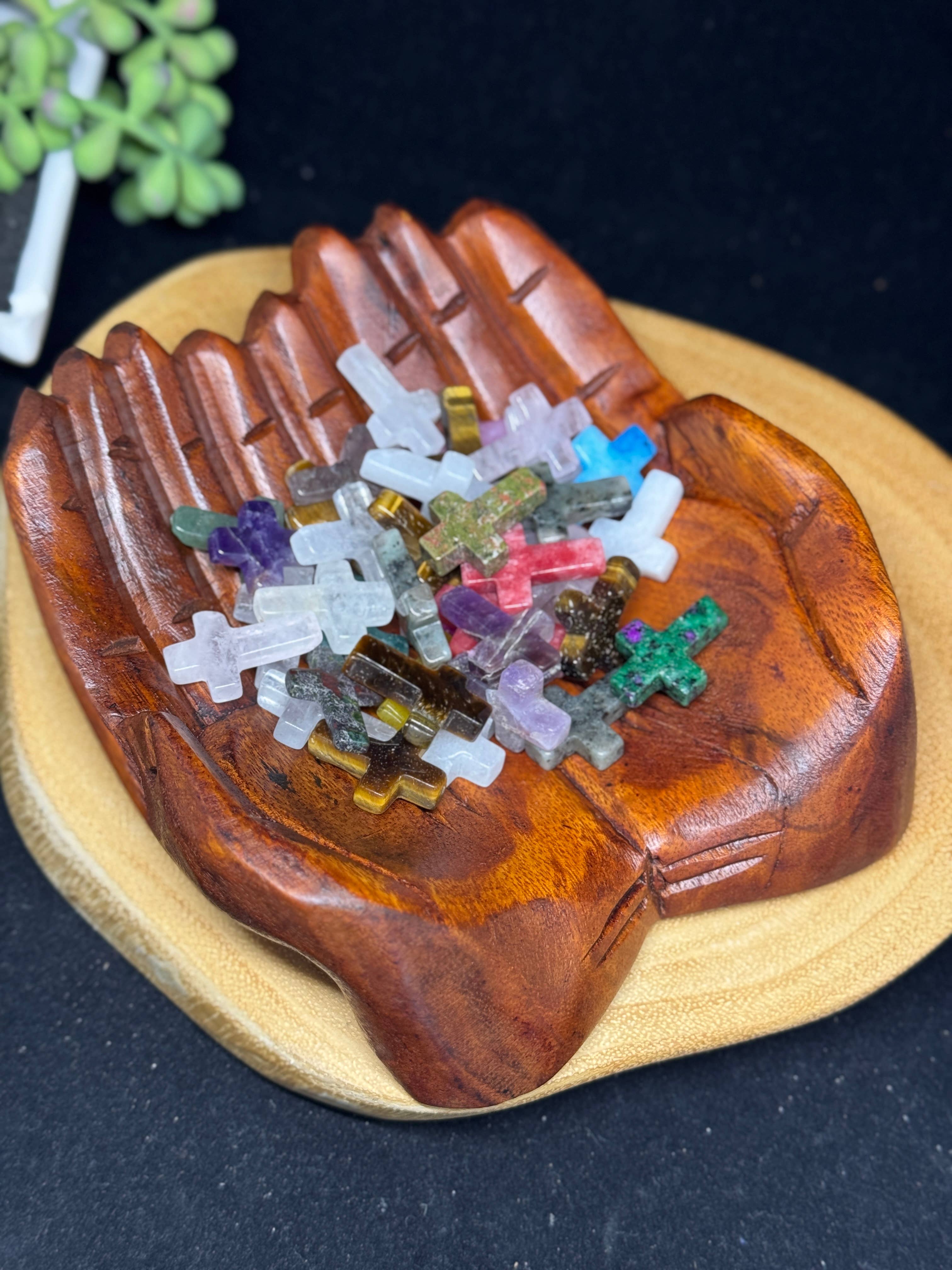 The 7 Directions - Wholesale Spiritual Stone/Crystal - 40 pc Mix gem mini cross w/ wooden hand display F4420