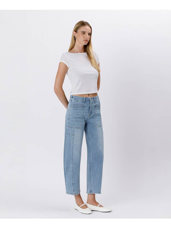 ACCOMPLISHMENTS SUPER HIGH RISE ELASTIC BAND BARREL JEANS F5831 for wholesale on Faire