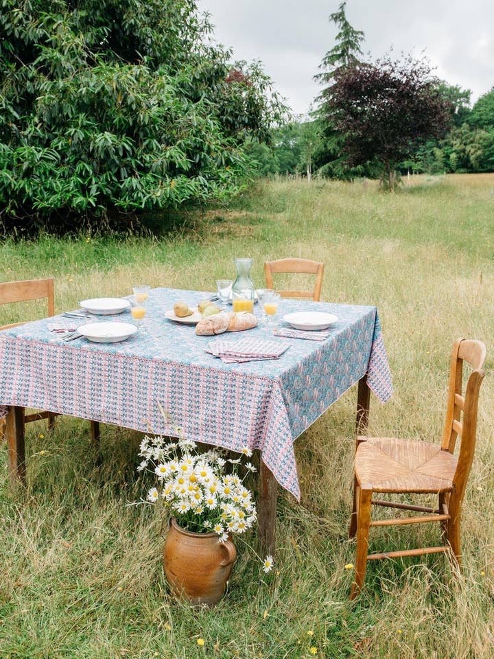 Carla Tablecloth - flowers - blue - pink for wholesale by Louise Misha
