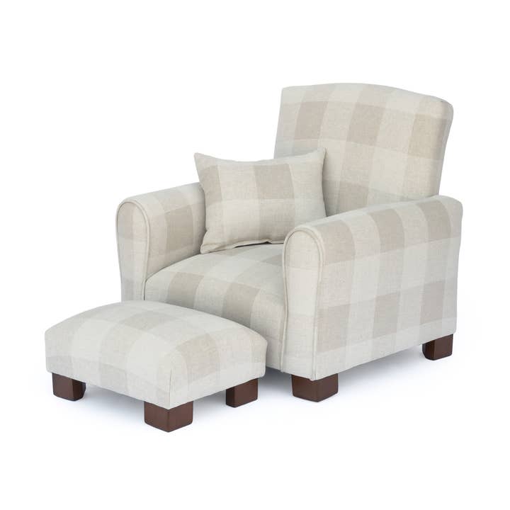 Natural Check Toddler Armchair with Footstool and Pillow for wholesale by The Rose Hill Company