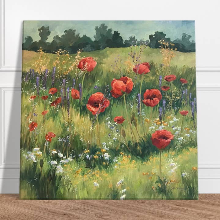 'Veld van Rode Klaprozen' Bloem I 16x16 inch Kunstdruk op Canvas I Origineel Kunstwerk door Amerikaanse Kunstenares Barbara Cleary voor wholesale door Barbara Cleary Designs