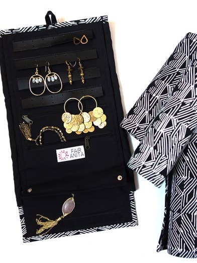 Wayfarer Jewelry Roll Travel Case - Black Matchstick for wholesale by Fair Anita