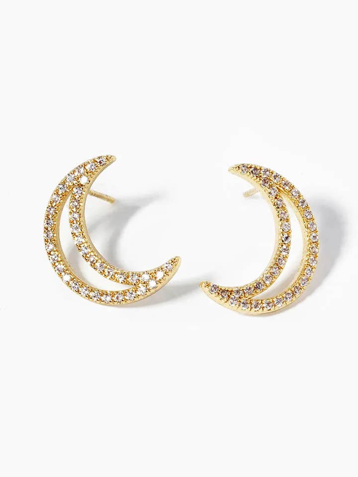 18k Gold Dipped CZ Pave Crescent Moon Post Stud Earrings for wholesale by Wild Honey