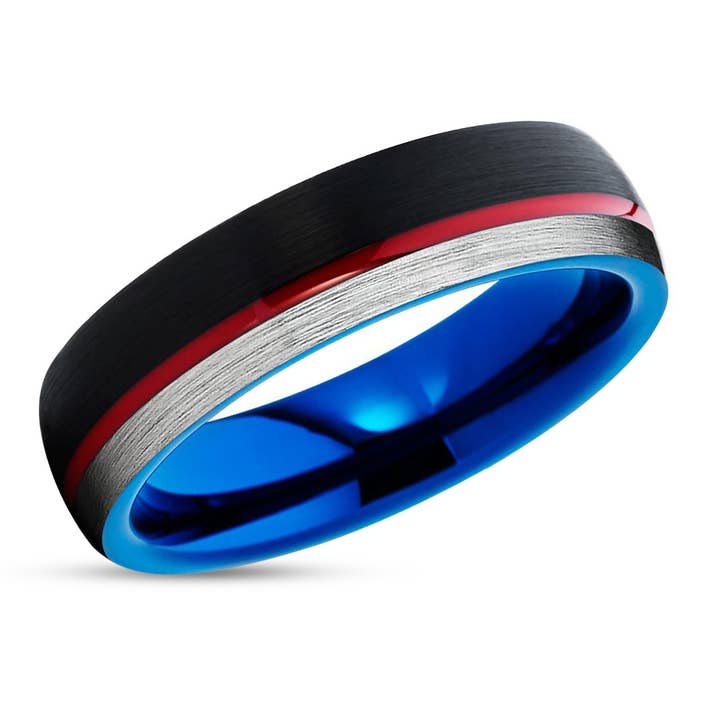 Red Tungsten Wedding Band - Black - Blue Tungsten Band - Black Brush - Red Ring for wholesale by Lucky Love Rings