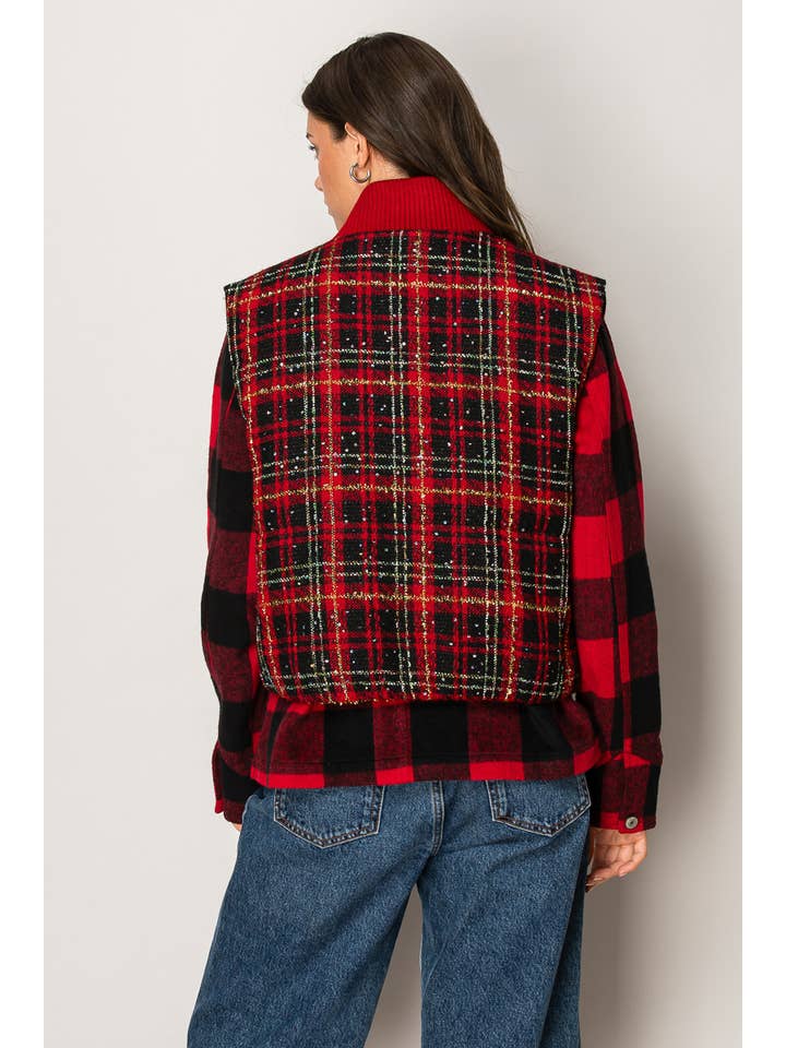 Red combo Holiday shine padding vest for wholesale on Faire