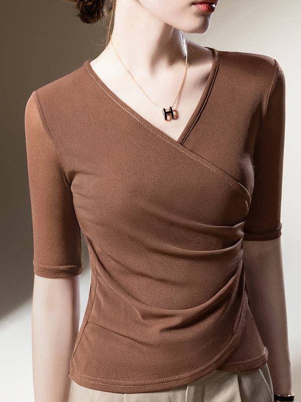 Half Sleeves Plus Size Asymmetric Pleated Solid Color Split-Joint V-Neck T-Shirts Tops for wholesale by StyleGalX