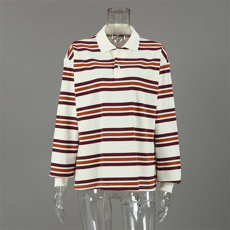 Color Block Striped Polo Collar Long Sleeve T-Shirt for wholesale on Faire5