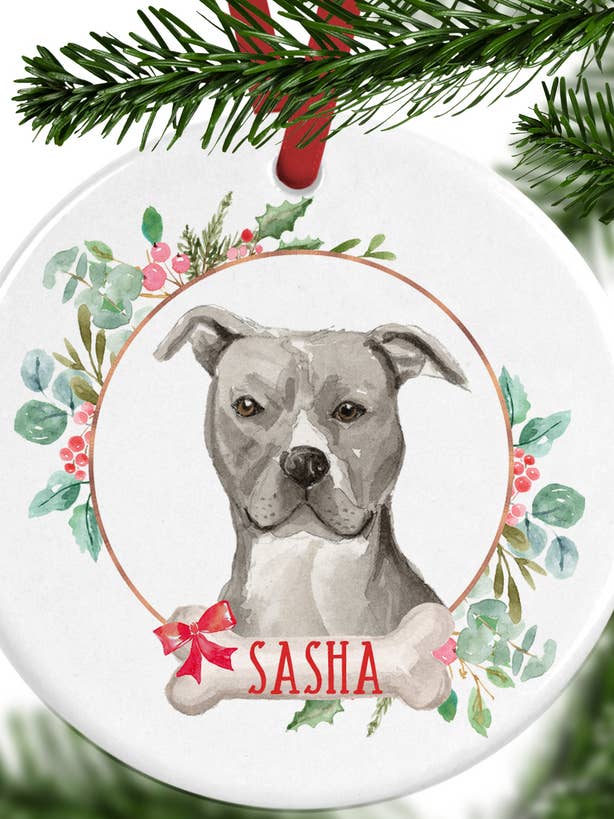 Grey Staffordshire Bull Terrier Christmas Ornament for wholesale by WagATudeTags