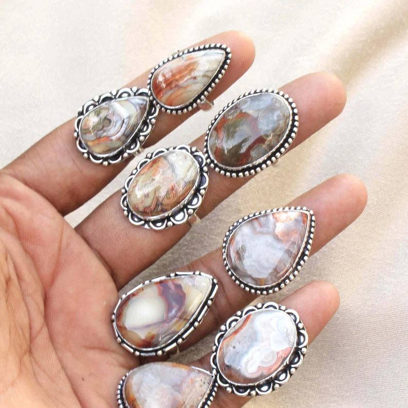 Handmade Jewels - Wholesale Cocktail/Statement Ring - Crazy Lace Agate Rings – Silver-Plated, Handmade, Swirly Earth-Tone Statement (US Sizes 6–10)7