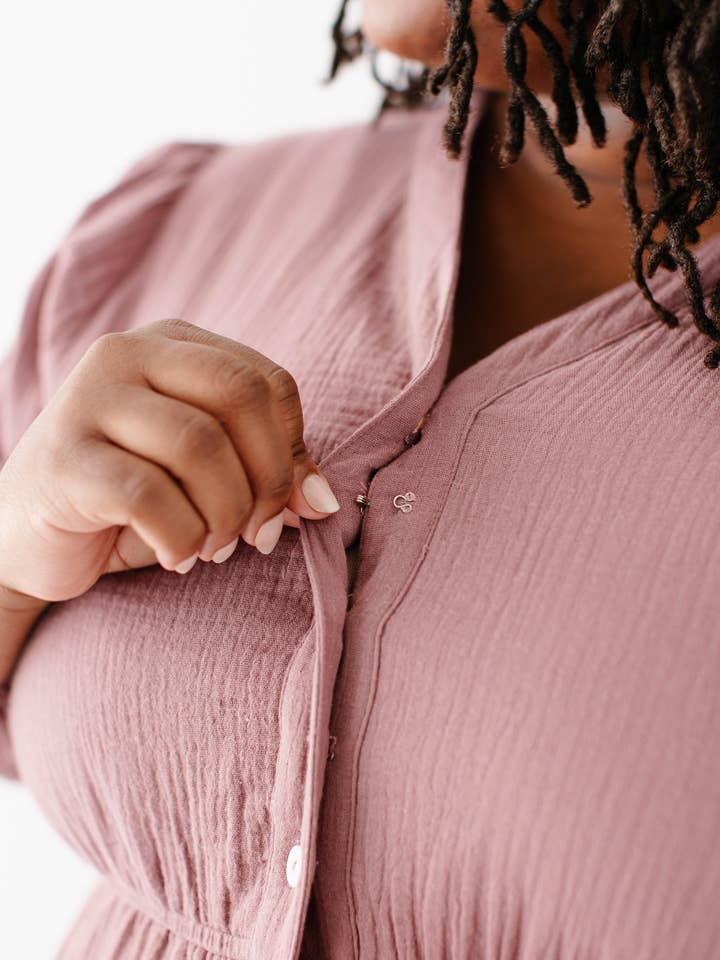 Dusty Mauve 'Louisa' Button Down Tiered Cotton Gauze Midi Dress for wholesale on Faire9