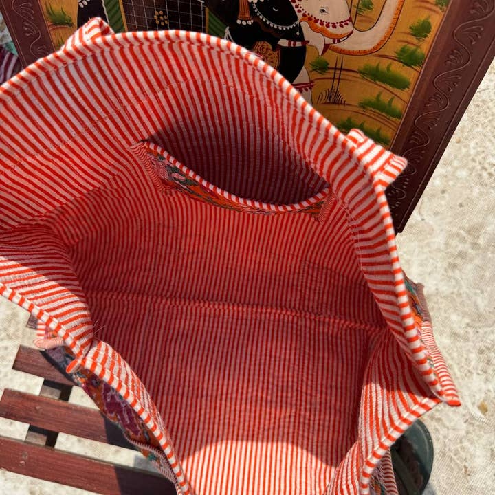 bhavnas boutique - Wholesale Tote Bag - Women's - Orange Cotton Floral Printed Quilted Market Bag Shopping Bag2